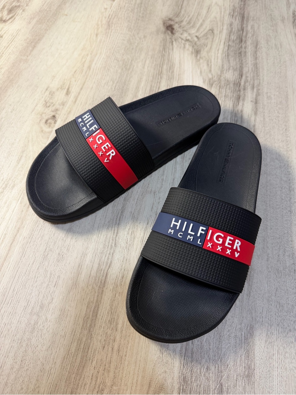 Tommy Hilfiger Black Slide Sandals with Red & Blue Logo Stripe